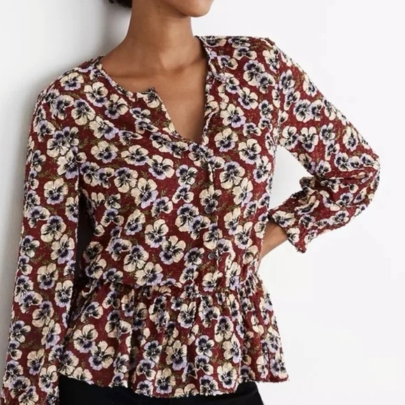 New! Madewell Drawstring Ruffle Hem Top in Viola Floral nwt 16492 - Picture 1 of 15